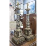 TOLEWARE STYLE TABLE LAMPS, a pair, column form and Chinoiserie decorated, 59cm H.