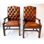 GAINSBOROUGH ARMCHAIRS, a pair, George III mahogany each with deep button and studded tan leather,