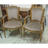 FAUTEUILS, a pair, Louis XVI style beechwood in grey dralon 59cm W.