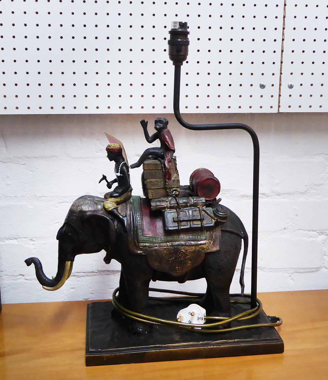 BRONZE TABLE LAMP OF ELEPHANT WITH MONKEY IN HOODAH, 49cm H, 40cm W x 50cm H.