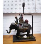 BRONZE TABLE LAMP OF ELEPHANT WITH MONKEY IN HOODAH, 49cm H, 40cm W x 50cm H.