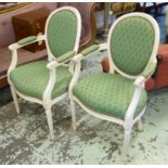 DINING CHAIRS, a set of eight, Louis XVI style all with arms with cream painted show frames,