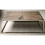 LOW TABLE, rectangular chrome framed with inset weathered bleached radially set teak,