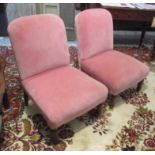 SLIPPER CHAIRS, a pair, late 19th century walnut in pink velvet on short turned front supports,