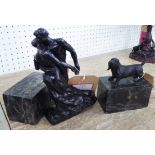 ORNAMENTS, two, a courting couple, 30cm H and a Basset Hound, 15cm H, on marble bases.