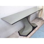 CONSOLE TABLE, contemporary style on swept base, 161cm x 41cm x 72cm H.