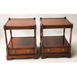 BEDSIDE/LAMP TABLES, a pair, George III style square each with undertier drawer and turned columns,