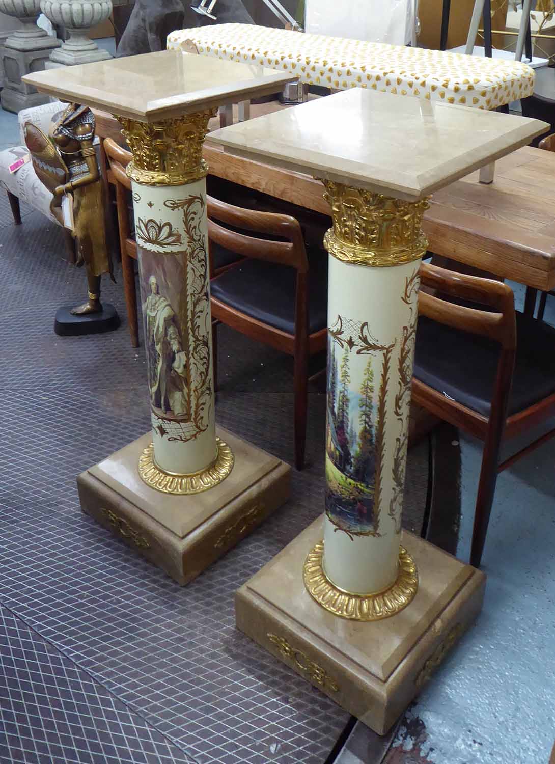 PEDESTALS, a pair, Viennese style decorated metal with brass capitals, marble tops and bases,