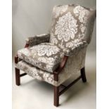 ARMCHAIR, George III design mahogany framed and two tone grey silk upholstery and studded, 74cm W.