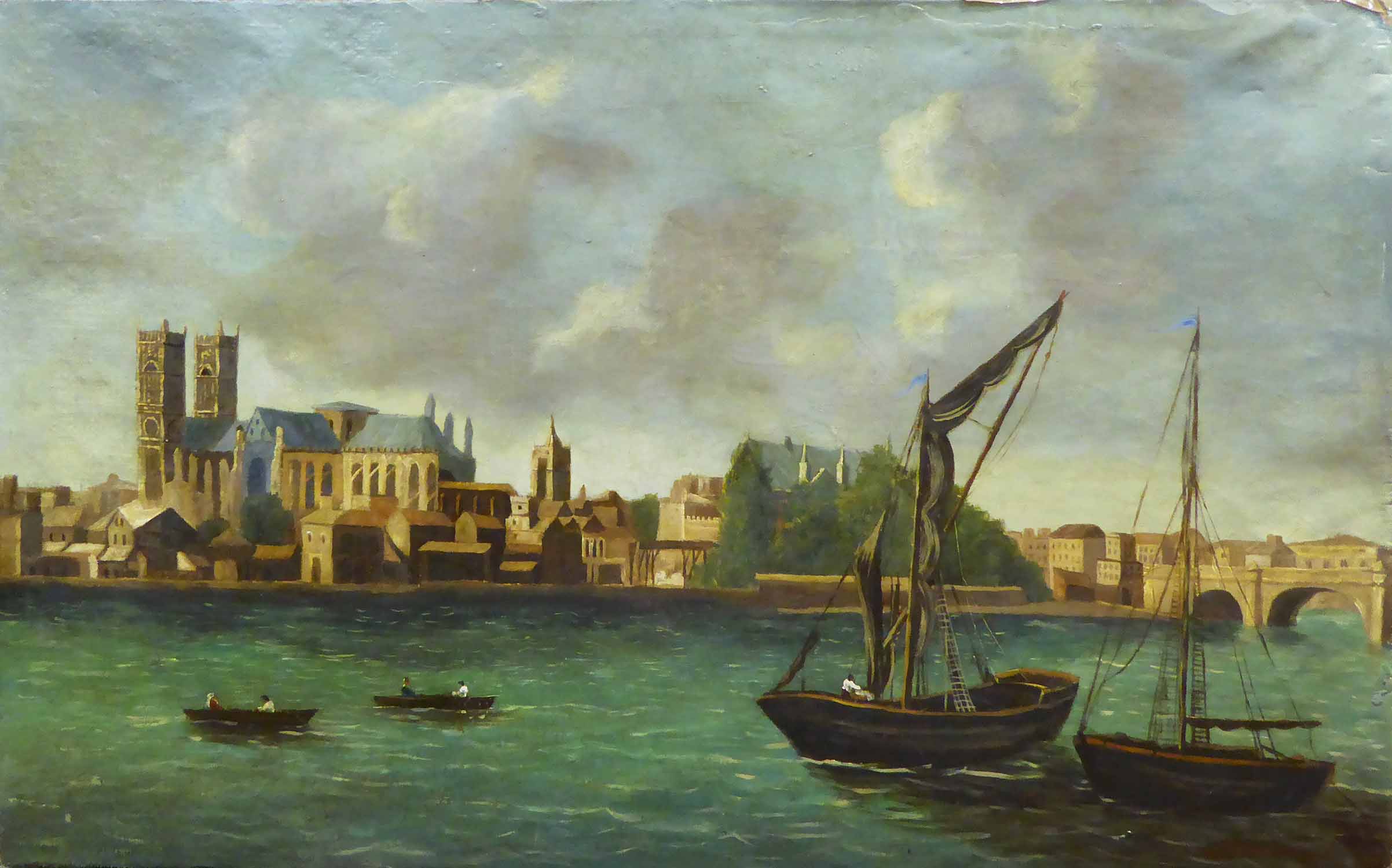 19th CENTURY SCHOOL 'View of Paris from the Seine', oil on canvas, indistinctly signed lower right,