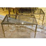 LAMP TABLES, a pair, brass with rectangular tinted glass tops, 41cm H x 77cm x 46cm.