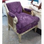 BERGERE, with a silver gilt frame and patterned purple chenille upholstery, 72cm x 83cm x 92cm H.