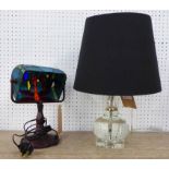 LAMP, with a glass column and a black shade, base 40cm H,