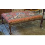 CENTRE STOOL, Georgian style rectangular in machine made tapestry depicting a medieval scene,