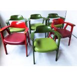 DINING CHAIRS, a set of six, bow back with matching vinyl upholstered seat, four green, two red.