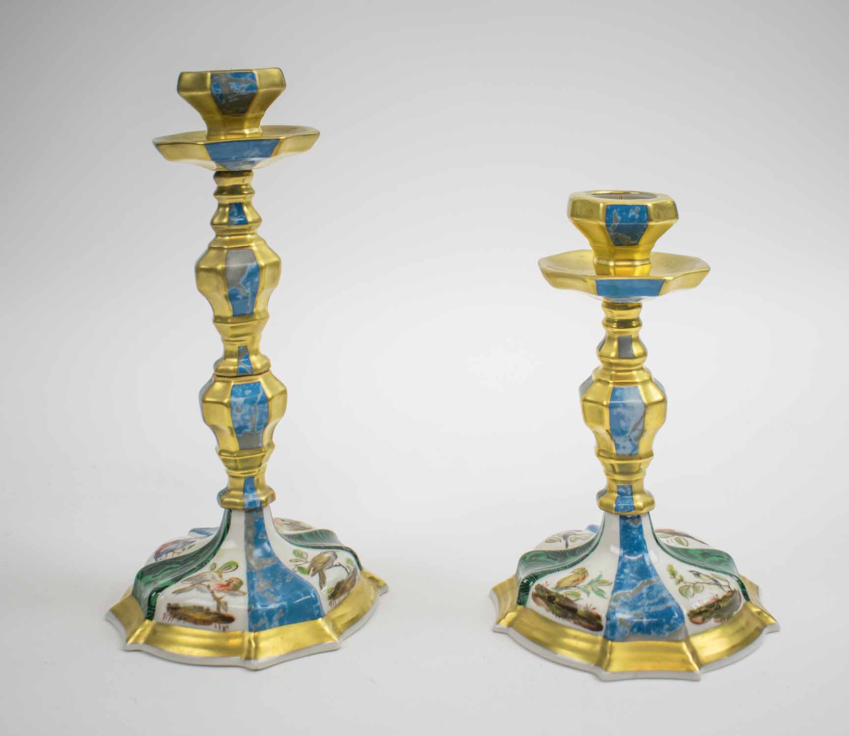 ITALIAN PORCELAIN CANDLESTICKS, a pair, faux malachite, marble and gilt,