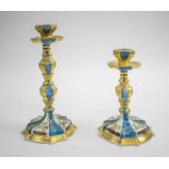 ITALIAN PORCELAIN CANDLESTICKS, a pair, faux malachite, marble and gilt,