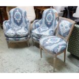 BERGERES, a pair, 19th century French grey painted in ikat patterned fabric with carved showframes,