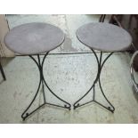 GARDEN OCCASIONAL TABLES, a pair, each black metal framed with a circular zinc top,