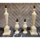 ALABASTER TABLE LAMPS, a pair, fluted tapering columns on stepped plinth bases, 53cm H,