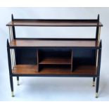 ROCKET BOOKCASE, 1960's rosewood, ebonised and gilt metal with three shelves,