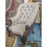 ARMCHAIR, Victorian mahogany, circa 1870, in patterned and plain blue fabric, 74cm W.