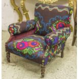 ARMCHAIR, Victorian walnut in dark floral patterned kilim upholstery, 82cm W.