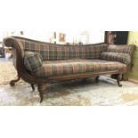 SOFA, Regency rosewood scrolling frame with tartan upholstery and bolster cushions,