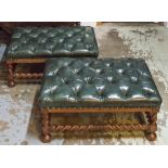 STOOLS, a pair, Jacobean style beechwood in buttoned green leather, 78cm x 64cm.