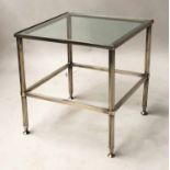 LAMP TABLES, a pair, 1970's Maison Jansen style silvered metal reeded and stretchered,