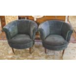 TUB CHAIRS, a pair, Victorian manner mahogany in blue velvet, 77cm W.