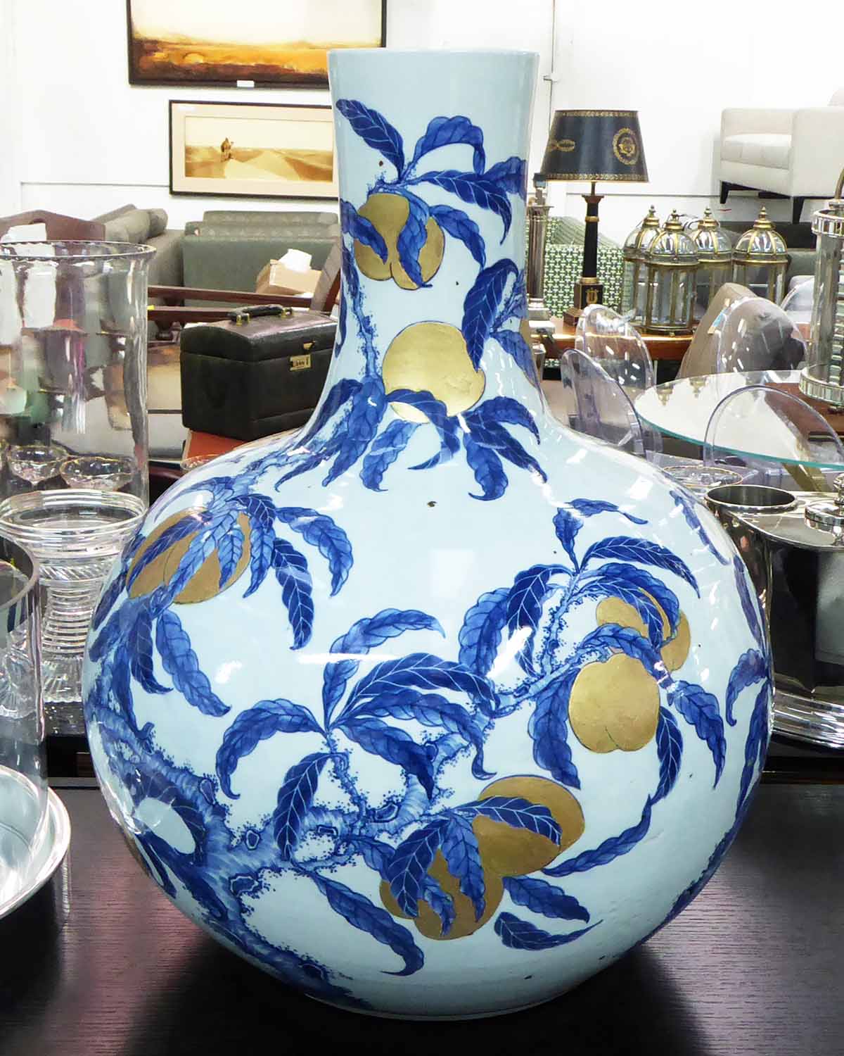 CHINESE VASE, in blue and white with gold and peach decoration, 66cm H.