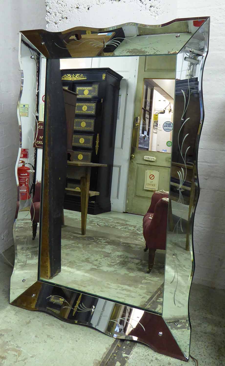 MIRROR, Venetian style with an angled mirrored frame with etched detail, 98cm W x 148cm.