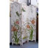 SCREEN, three fold in a distressed painted finish with foliate, floral and avian detail,