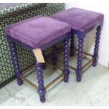 STOOLS, a pair, purple suede seats on ebonised bobbin turned supports with brass cross stretchers,