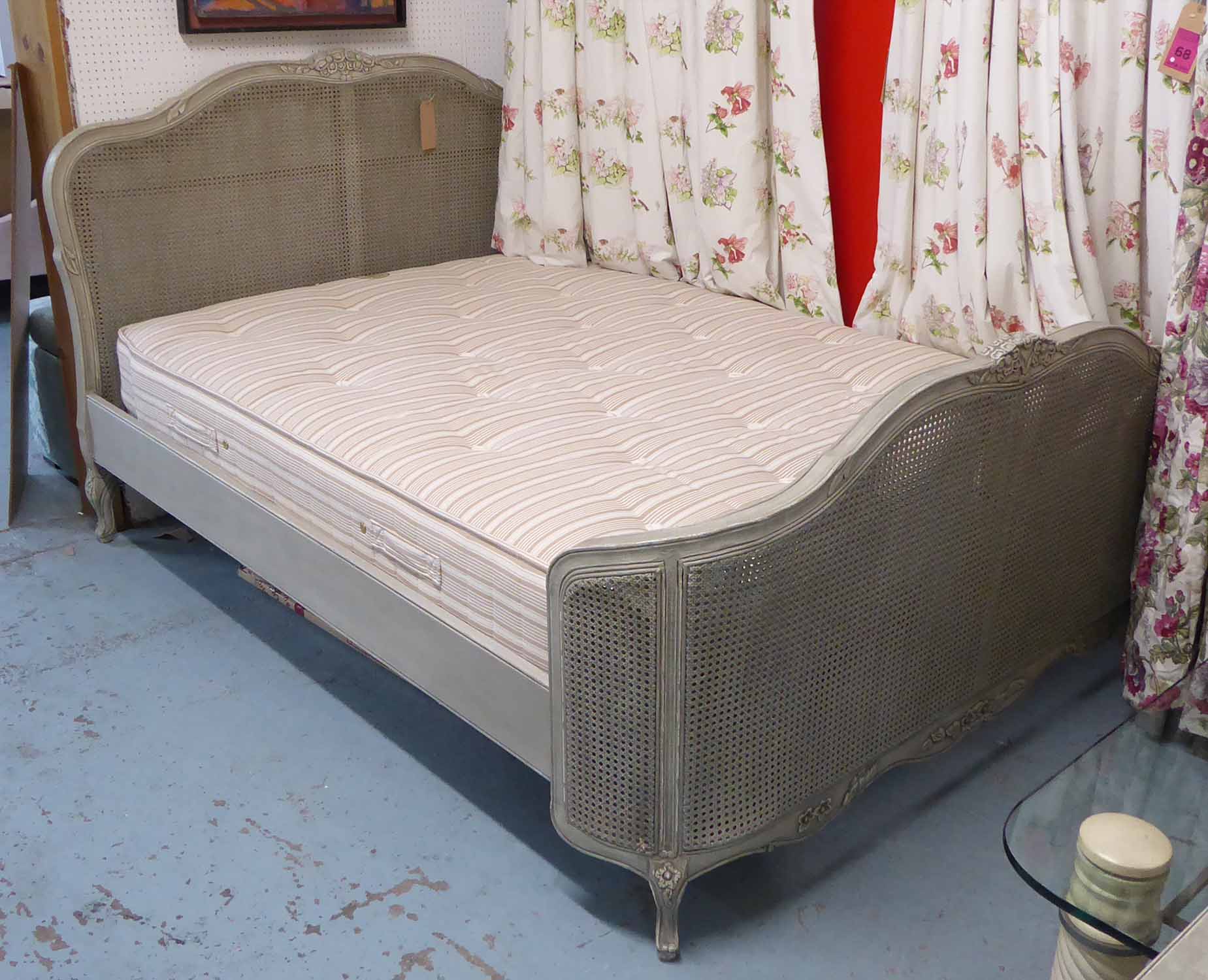 BED FRAME, French style caned grey painted with mattress, 167cm x 128cm H.