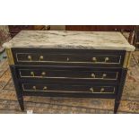 COMMODE, Directoire style, ebonised and brass mounted with white marble top above three drawers,