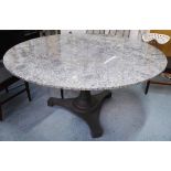 BORG AND RINALLI MARBLE TOP DINING TABLE, grey painted iron base, 158cm diam x 77cm H.