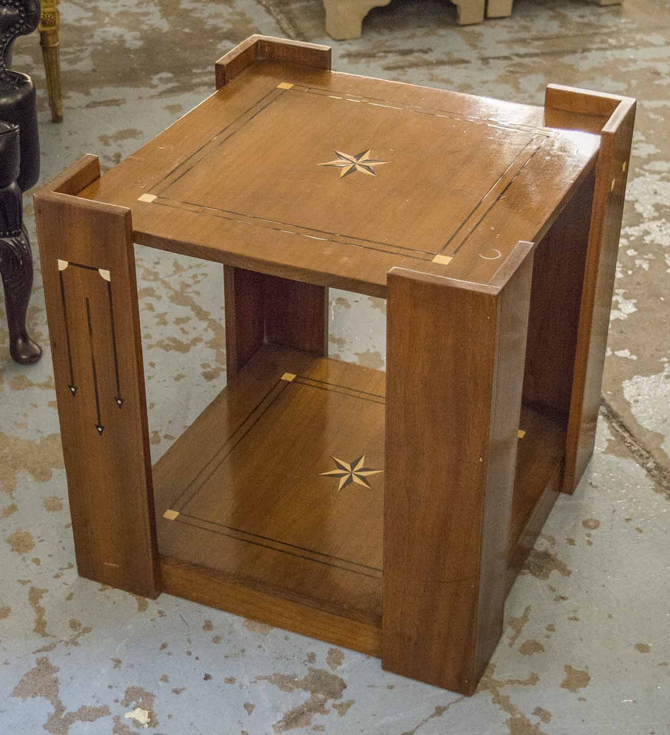 LOW TABLE, Arts and Crafts manner walnut with bone and ebony inlay of two square tiers,