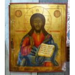 RUSSIAN ICON 'Christ Pantocrator', tempera, gilt and gesso on wood, 55cm x 45cm.