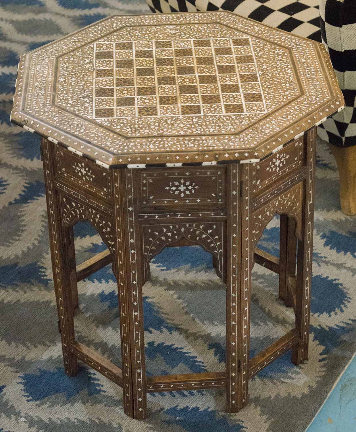 HOSHIARPUR LAMP TABLE, 19th century Indian bone ebony inset hardwood octagonal chequer board,