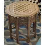 HOSHIARPUR LAMP TABLE, 19th century Indian bone ebony inset hardwood octagonal chequer board,