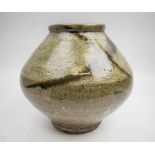 JAPANESE STONEWARE URN, Meiji/Taisho period 'fish scale' glazed, boxed, approx 23cm H.