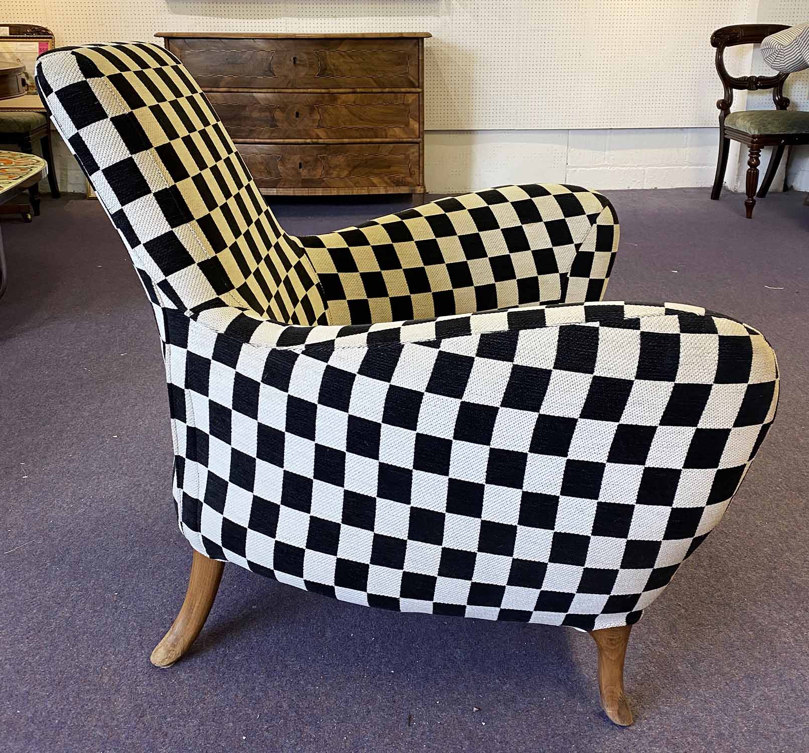 ARMCHAIR, circa 1960's Danish, black and white checkerboard upholstered on outswept legs, - Image 2 of 2