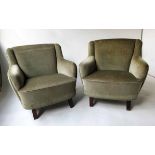 ARMCHAIRS, a pair, Danish plush velvet upholstered tub form with tapering supports, 73cm W.