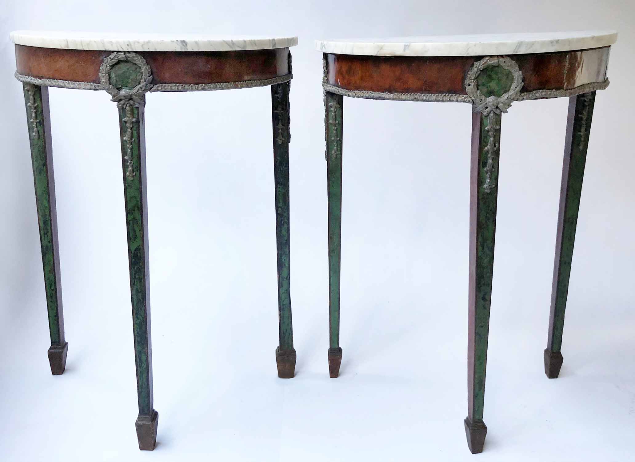 ITALIAN CONSOLE TABLES, a pair, Neoclassical demi lune burr walnut,