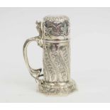 EDWARDIAN SILVER SUGAR SIFTER, embossed flower and leaf decoration, dragon handle, octagonal base,