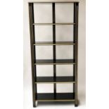 BOOKCASE, ebonised and gilt with open shelves, 170cm H x 75cm x 30cm.