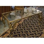 LOW TABLE, mid 20th century solid brass with swan supports and rectangular glass top,