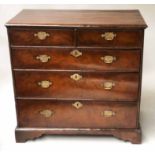 CHEST, early 18th century English Queen figured walnut with two short above three long drawers,